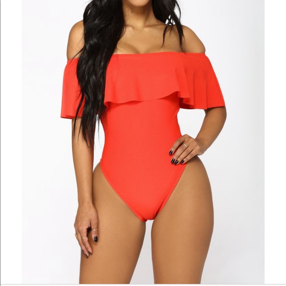 Off-Shoulder RedOrange One Piece Swimsuit, by Fashion Nova